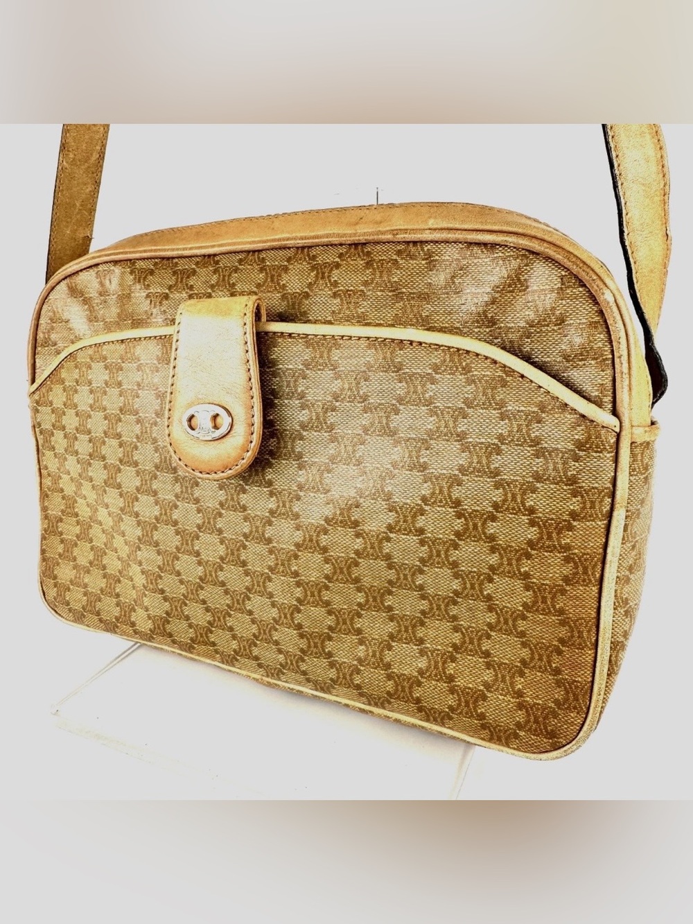Vintage CELINE Triomphe Macadam Canvas Leather Crossbody Shoulder Bag Auth 80s